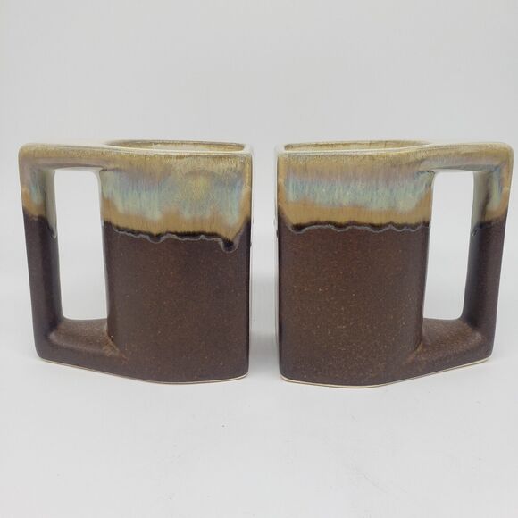 Artisan Bookend Ceramic Mugs Set of 2 Artist Signed. Radolfo Padilla? Drip Glaze - Picture 1 of 9